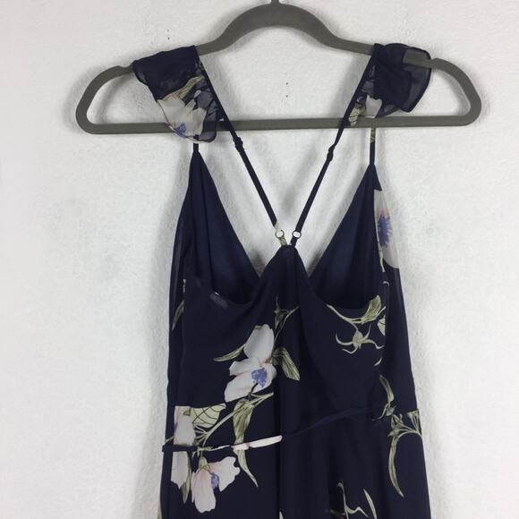 Lulus All Mine Navy Blue Floral Print Ruffle Chiffon Wrap Maxi Dress XS - Picture 12 of 14